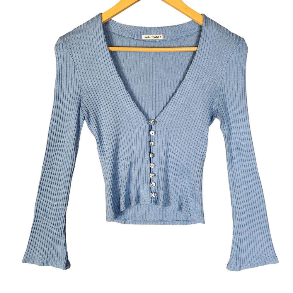 Reformation Gellar Knit Top Small Blue Ribbed V-Neck Button Front Long Sleeve